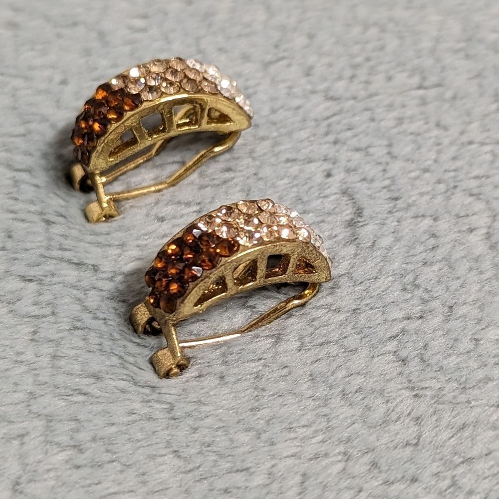 Vintage Tri-Colored Rhinestone Half Hoop Pierced Earrings - Picture 6 of 9